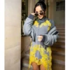 Becky G Off-White Fashion Show in Paris 2026 Oversized Grey Satin Bomber Jacket 