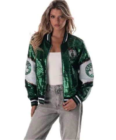 Boston Celtics The Wild Collective Sequin Full Zip Bomber Jacket