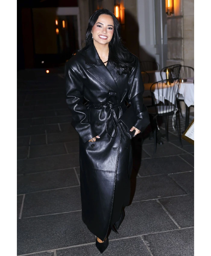 Buy Becky G Double-Breasted Black Leather Belted Coat