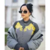 Buy Becky G Fashion Show in Paris 2026 Oversized Grey Satin Bomber Jacket 