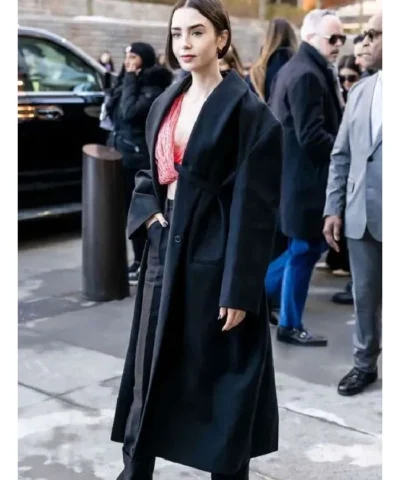 Calvin Klein Fashion Show 2026 Lily Collins Black Wool Coat 
