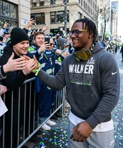 Kenneth Walker Seattle Seahawks Super Bowl Victory Celebration SEA Chest Graphic, Team Logo Green Accents Charcoal Grey Hoodie