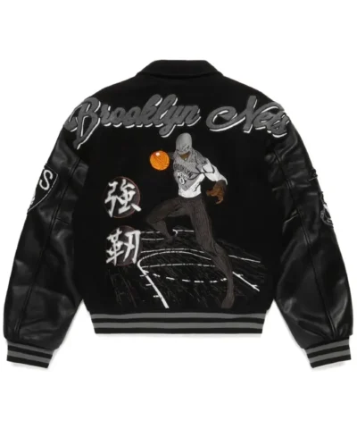 NBA Brooklyn Nets Black Leather Bomber Varsity Jacket