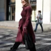 Palvin Double-Breasted Burgundy Belted Coat For Sale