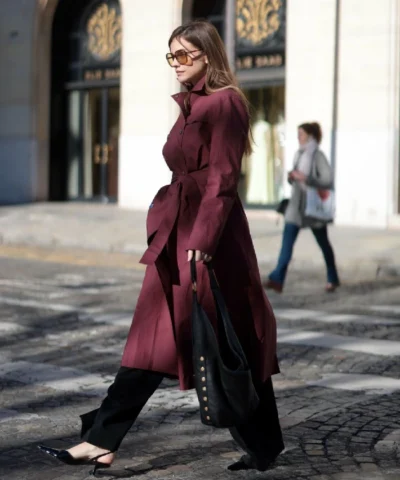 Palvin Double-Breasted Burgundy Belted Coat For Sale 