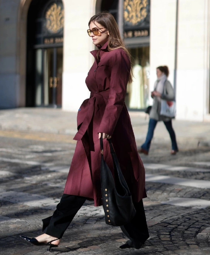 Palvin Double-Breasted Burgundy Belted Coat For Sale
