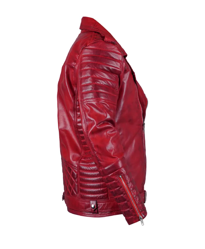Red Real Leather Biker Style Jacket For Men