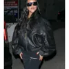 Rihanna Black Oversized Leather Bomber Jacket