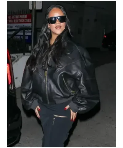 Rihanna Black Oversized Leather Bomber Jacket