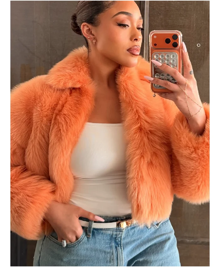 Shop Now Jordyn Woods Orange Fur Jacket For Sale