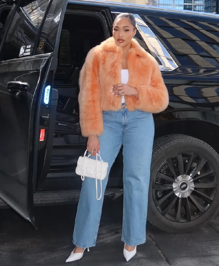 Shop Now Jordyn Woods Orange Fur Jacket