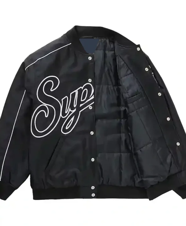 Supreme Contrast Script Black Varsity Jacket | Shop Now - Las