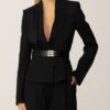 Tina Casciani The Young and the Restless 2026 Riza Thomson Black Satin Panel Belted Jacket