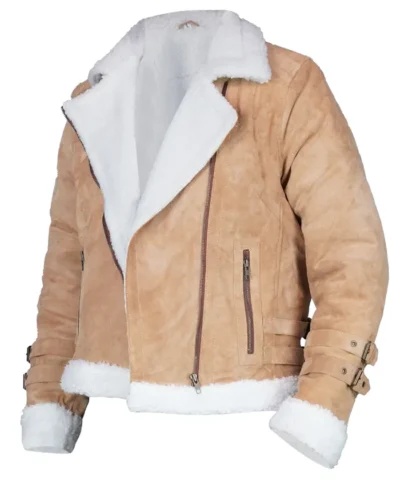 Womens Brown Suede Biker Jacket With White Fur