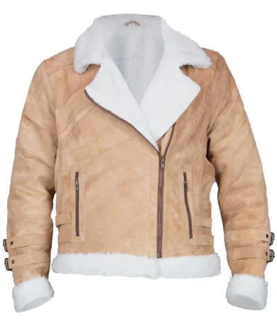 Womens Brown Suede Biker Jacket With White Fur Front
