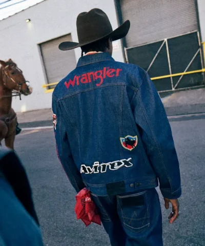 Wrangler x AVIREX AOP Patch Blue Denim Jacket For Sale