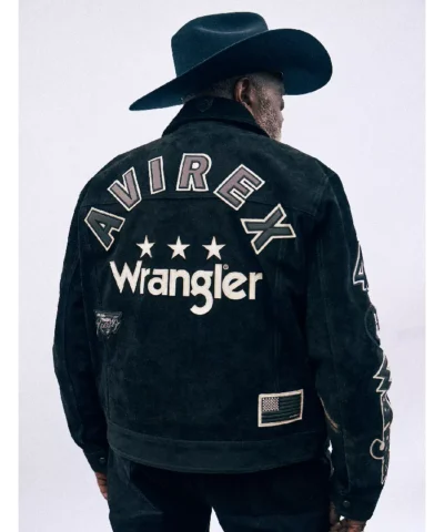 Wrangler x AVIREX Black Leather Trucker Jacket