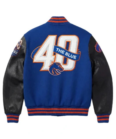 Boise State Branded Leather Sleeve Full Snap Varsity Jacket