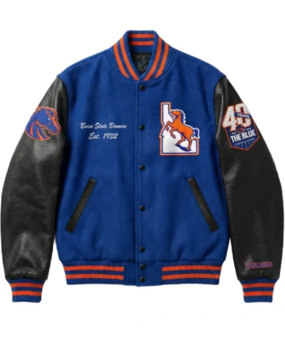 Boise State Branded Wool with Leather Sleeve Full Snap Varsity Jacket For Sale