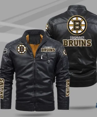 Boston Bruins NHL Team Full Zip Up Leather Jacket