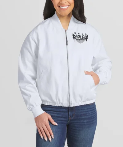 Buy Erin Andrews White Rhea Ripley Denim Bomber Jacket