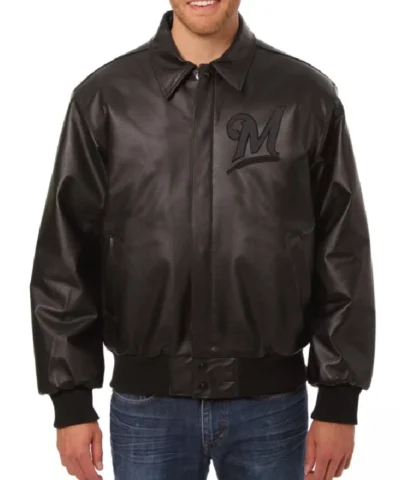 Buy Now Milwaukee Brewers Black Leather Varsity Jacket