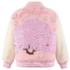 Cherry Blossom Wool with Leather Sleeve Full Snap Varsity Jacket