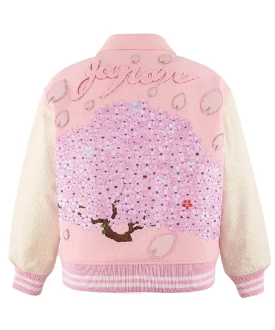 Cherry Blossom Wool with Leather Sleeve Full Snap Varsity Jacket