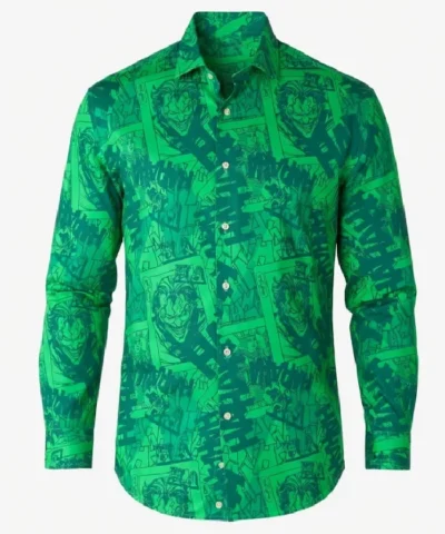 DC Comics The Joker Slim Fit Button Up Green Printed Shirt