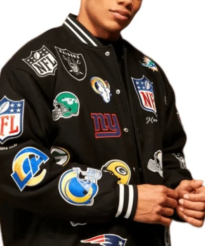 NFL All Teams Logo Patches Black Bomber Jacket