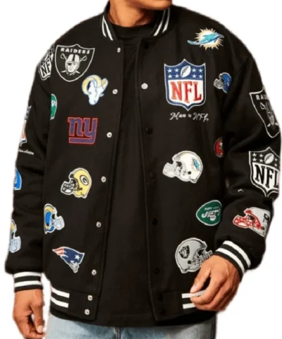 NFL All Teams Logo Patches Black Bomber Jacket