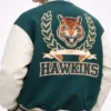 Primark Stranger Things Hawkin Tiger Green and Off White Bomber Varsity Jacket