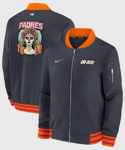 San Diego Padres Nike Black and Orange 2026 City Connect Authentic Collection Relaxed Full Zip Bomber Jacket