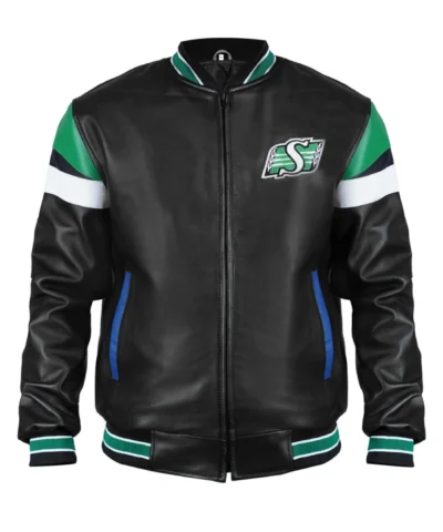 Saskatchewan Roughriders Zip Up Black Leather Varsity Bomber Jacket