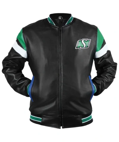 Shop Now Saskatchewan Roughriders Black Leather Varsity Jacket