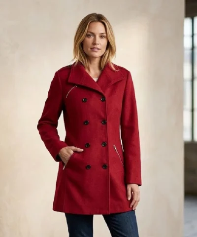 The Scarlet Women's Double-Breasted Classic Red Wool Peacoat For Woman
