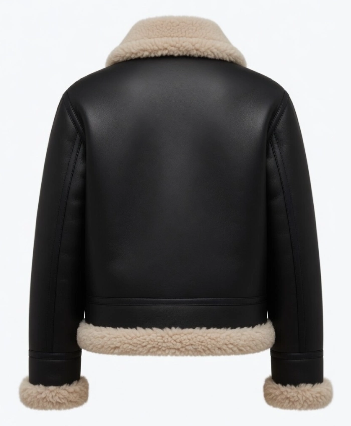 Arctic Chic Flight Black Leather Jacket with Shearling Trim