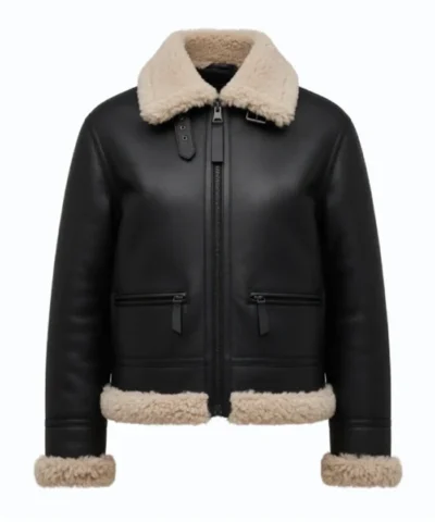 Arctic Chic Leather Flight Black Leather Jacket Shearling Trim