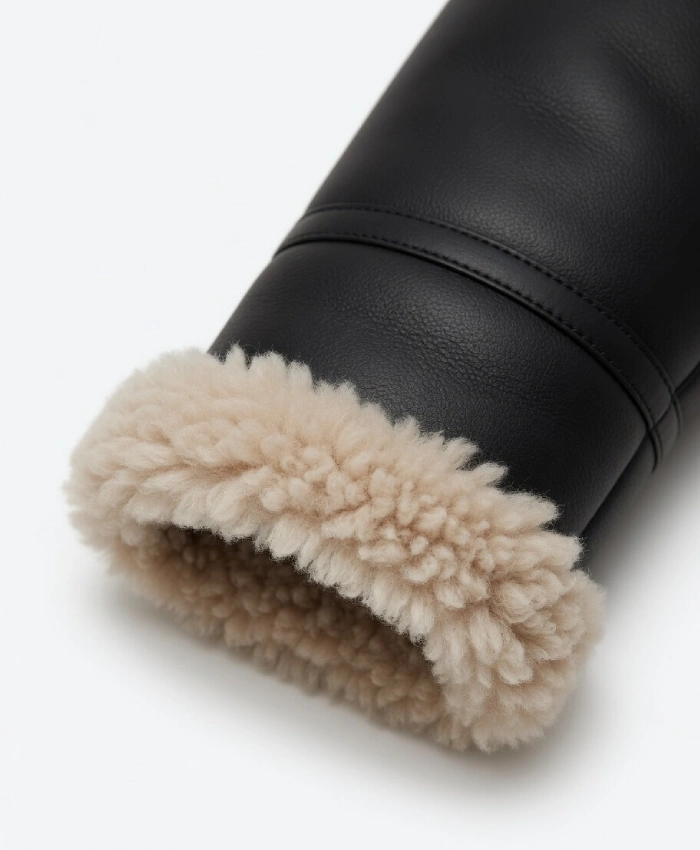 Arctic Chic Leather Flight Black Leather Jacket with Shearling Trim