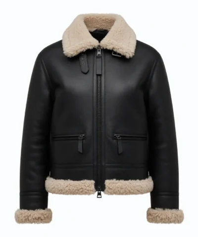 Arctic Chic Leather Flight Leather Jacket with Shearling Trim