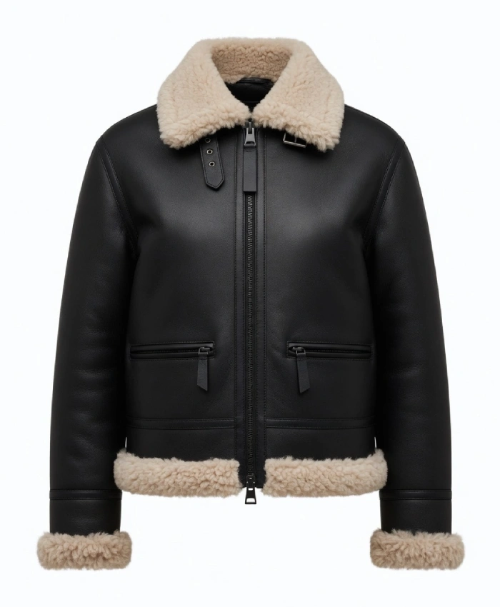 Arctic Chic Leather Flight Leather Jacket with Shearling Trim