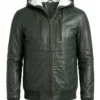 Baston Green Hooded Leather Bomber Jacket