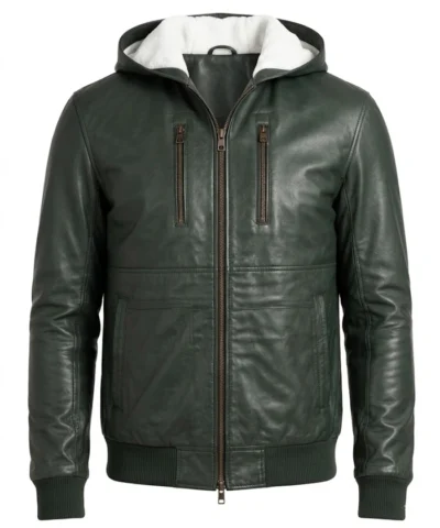 Baston Green Hooded Leather Bomber Jacket