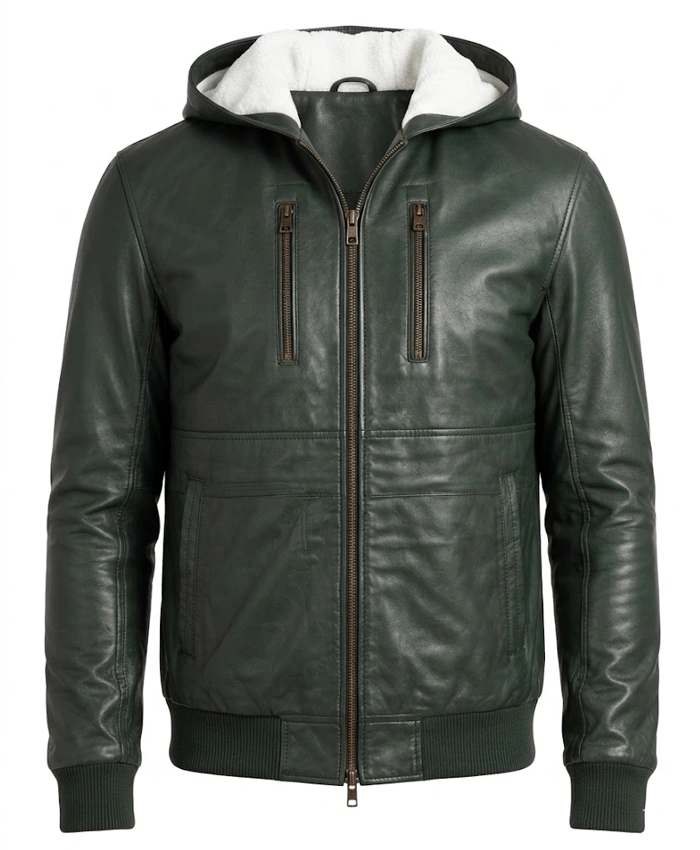 Baston Green Hooded Leather Bomber Jacket