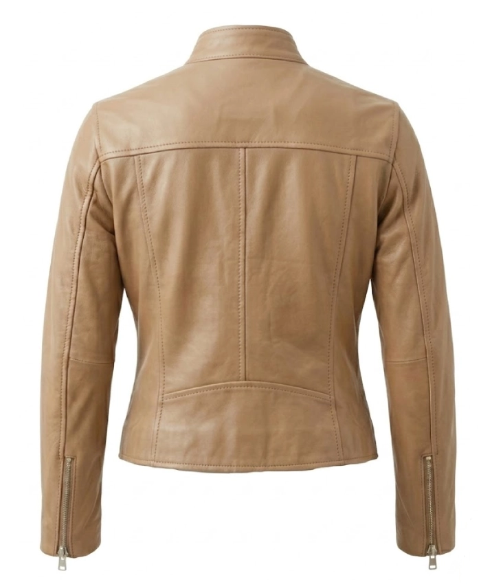 Beige Lightweight Biker Leather Jacket with Zipper