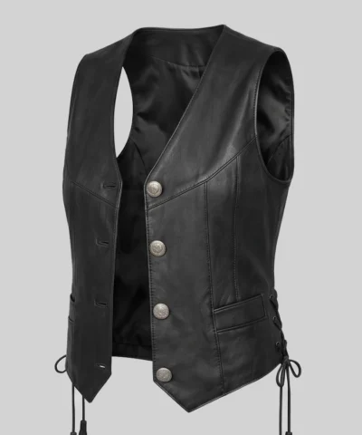 Black Biker Leather Vest For Womens