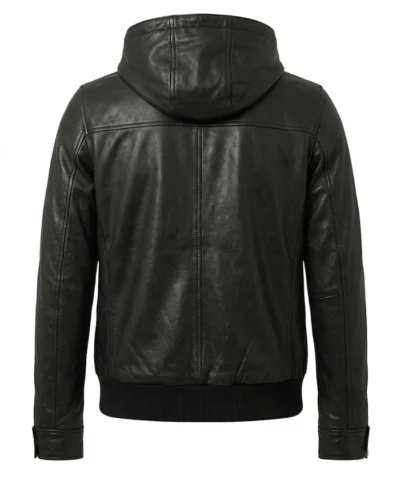 Black Leather Bomber Jacket with Hood
