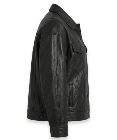 Black Leather Drop Shoulder Trucker Jacket
