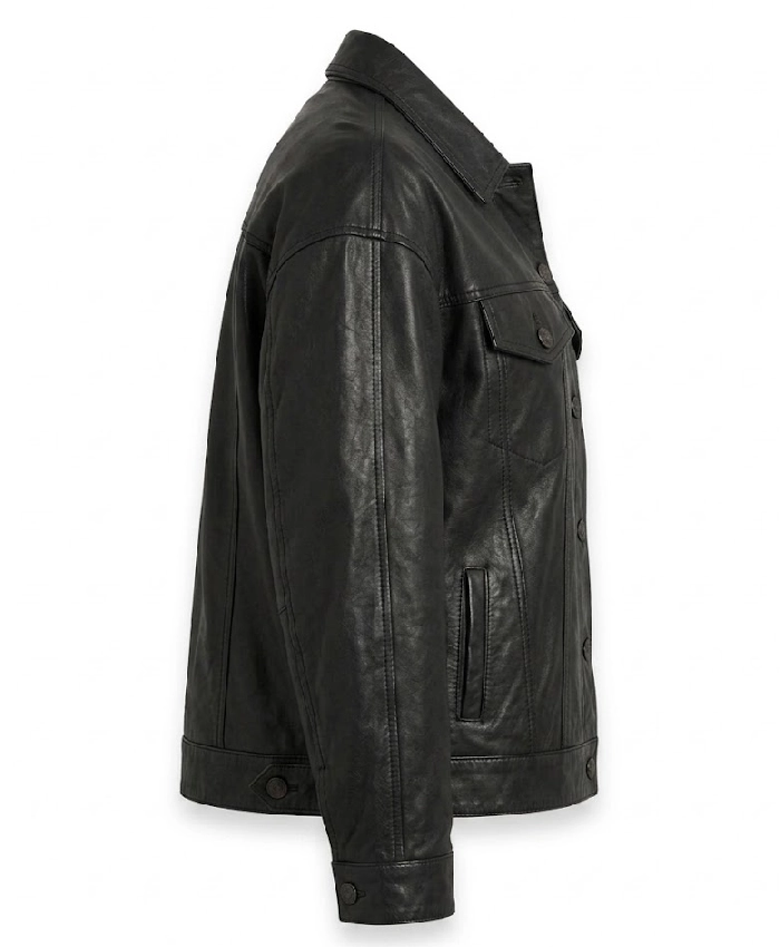 Black Leather Drop Shoulder Trucker Jacket