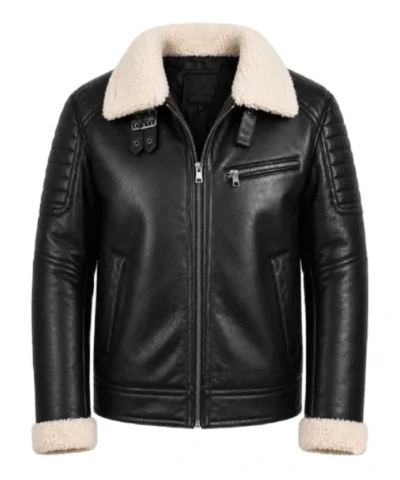 Black Leather White Shearling Collar Jacket